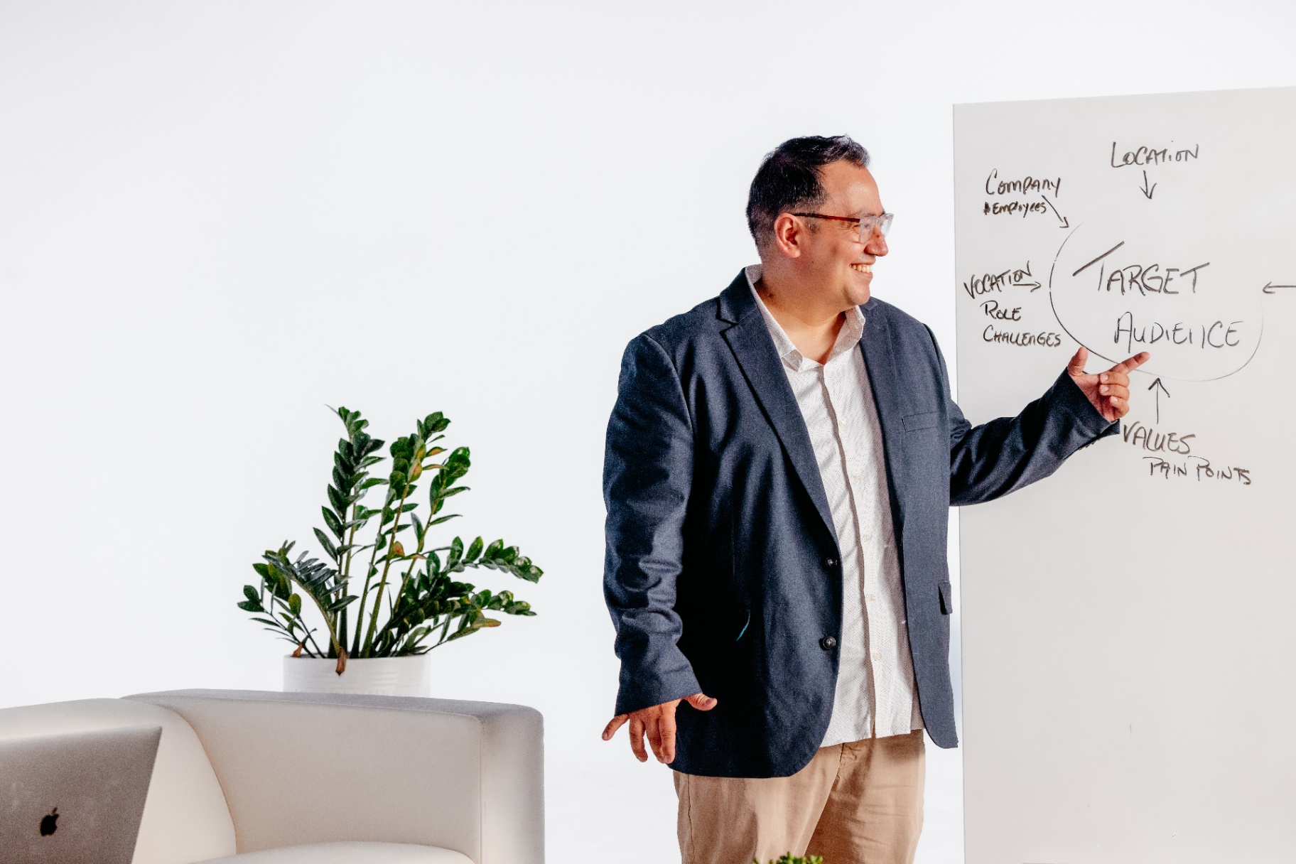 Matt mapping target audience and agency strategy on a whiteboard